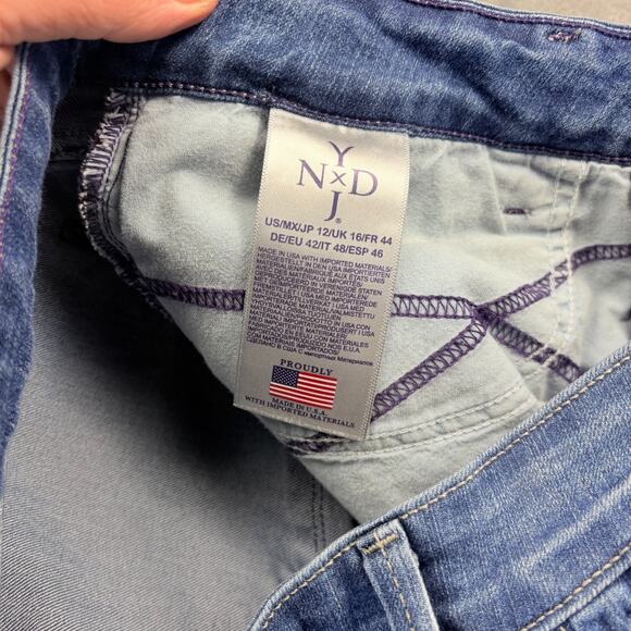 NYDJ Farrah Flare Jeans Womens 12 Blue Denim Stretch Lift Tuck Distressed Rock - Picture 5 of 11